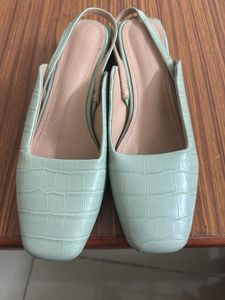 Mint Green Croc-Textured Heeled Mules