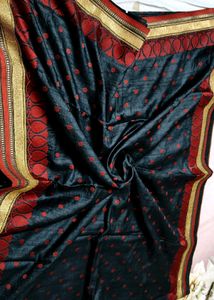 Black Red Zari Embroidered Tussar Silk Saree
