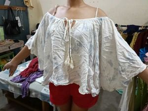 Flowy Off-Shoulder White Tassel Top