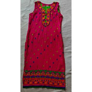 Beautiful Pink Kurta with Green Embellished Neckli