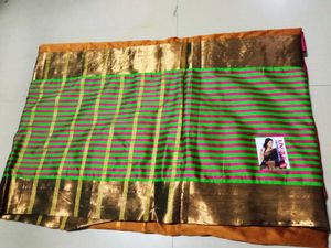 Green & Pink Striped Silk Saree