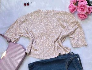 Beige Floral Ribbed Crop Top |