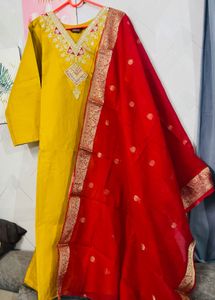 Yellow Kurta with Red Dupatta unused fixed price