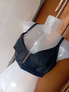 Black Ribbed V-Neck Bra with Bow Back