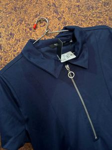 Navy Blue Zipped Collar Top