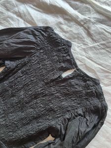 Black Smocked Puff Sleeve Peplum Top