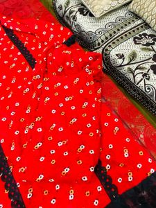 Red Printed Kurta with Black Bottom