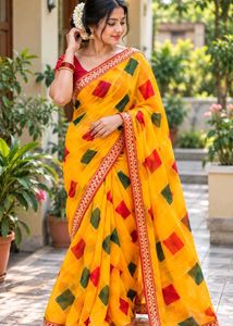 Vibrant Yellow Saree with Red & Green Blocks