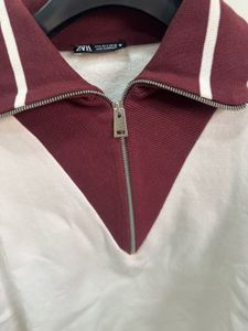 Cream &amp; Burgundy Zip Neck Sweatshirt