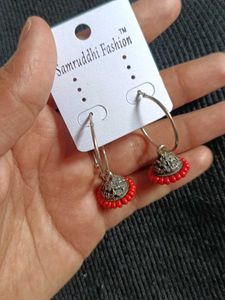 Red Beaded Jhumka Earrings