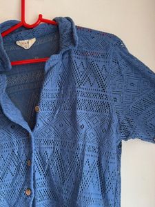 Blue Crochet Knit Button-Up Top