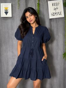 Navy Blue Tiered Button-Up Dress
