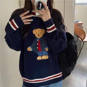 Bear Embroidery Knit Navy Blue Pullover🧸