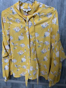 Yellow Floral Tie-Neck Blouse