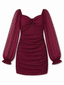 Maroon Ruched Puff Sleeve Dress