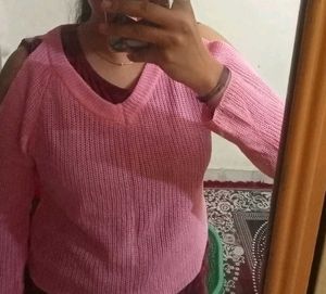 sleeve Cute Pink Knit V-Neck Sweater