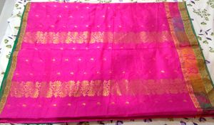 Vibrant Pink Silk Saree with Gold Border