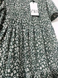 Zara Green Floral Smocked Dress