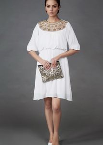 Elegant White Embellished Neckline Dress