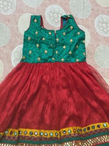 red and sea green short frock