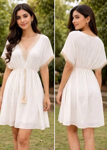 White Summer Dress with Gold Trim