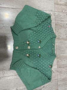 Green Knit Cardigan w/ Floral Details