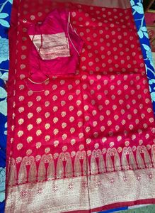 Vibrant Pink Silk Saree with Gold Motifs