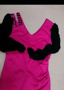 Vibrant Pink Dress with Black Embellished Sleeves