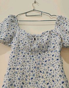 h&amp;m floral white and blue detailed tie dress