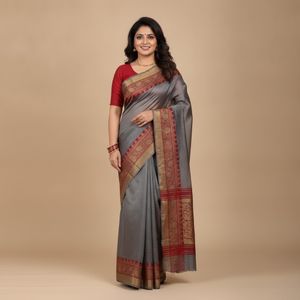 Grey Soft Silk Saree with Maroon Designer Border