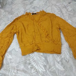 Women's Mustard Wrap Top with Lace Detail