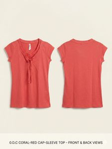 Coral Red Embroidered Tie-Front Top