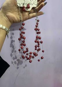 Red Beaded Statement Necklace &amp; Earrings Set