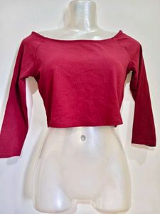 Maroon Off-Shoulder Long Sleeve Crop Top