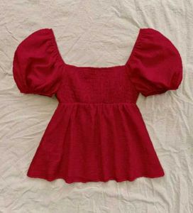 Red Puff Sleeve Top with Jeans Outfit