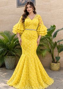 Elegant Yellow Lace Evening Gown