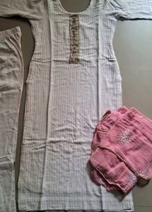 White Kurta with Pink Dupatta Set