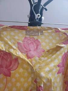 Yellow Kurta with Pink Lotus Print