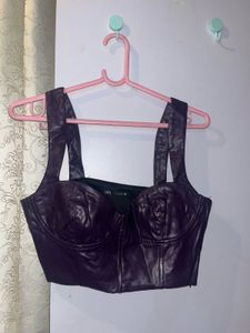 🖤 Zara Faux Leather Corset Top – Deep Plum