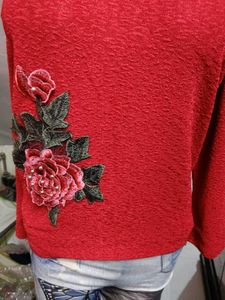 Red Cold Shoulder Sweater with Floral Applique
