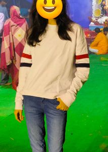 White Sweatshirt with Striped Sleeves