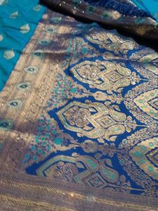 Beautiful Teal Silk Saree with Gold Weave and comp