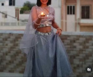 Grey Lehenga Choli Set with Mirror Work