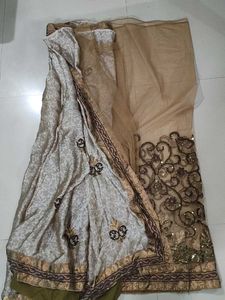 Khaki Embroidered and sequin silk net Saree