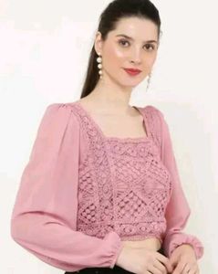 Pink Crochet lace Square Neck puff sleeve crop top