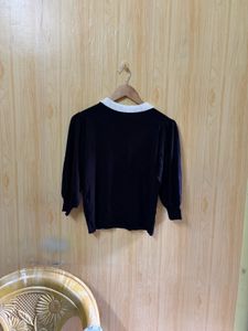 Zara Black Puff Sleeve Top with White Collar