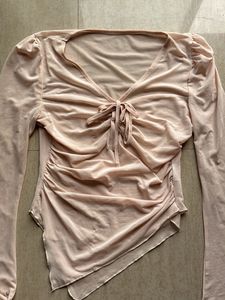 Sheer Ruched Tie-Front Top