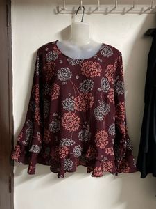 Maroon Floral Print Flared Top
