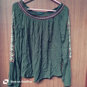 Embroidered Long-Sleeve Off-Shoulder Top