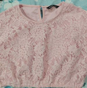 Denim Mini Skirt with pink lace crop t